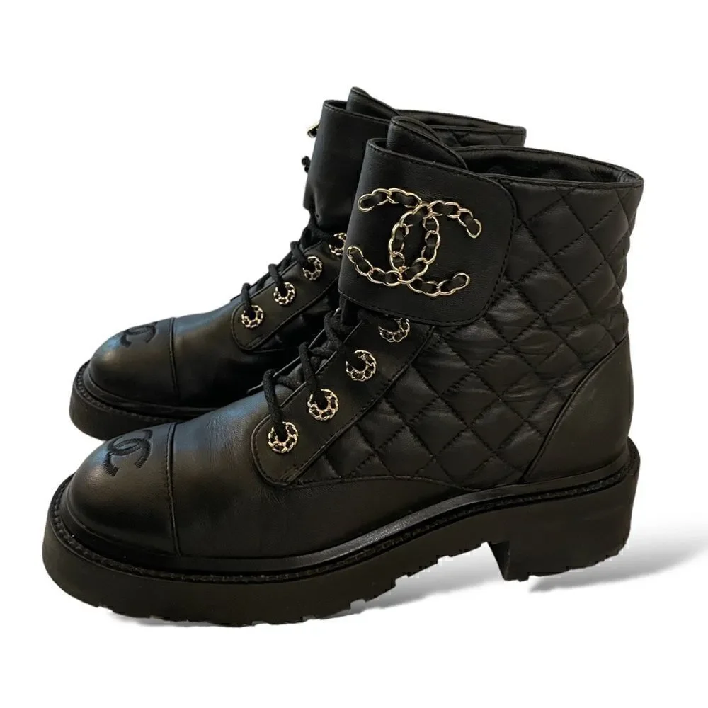 CHANEL Fall 2021 Black Lambskin Lace-Up Boots |Size: 38|